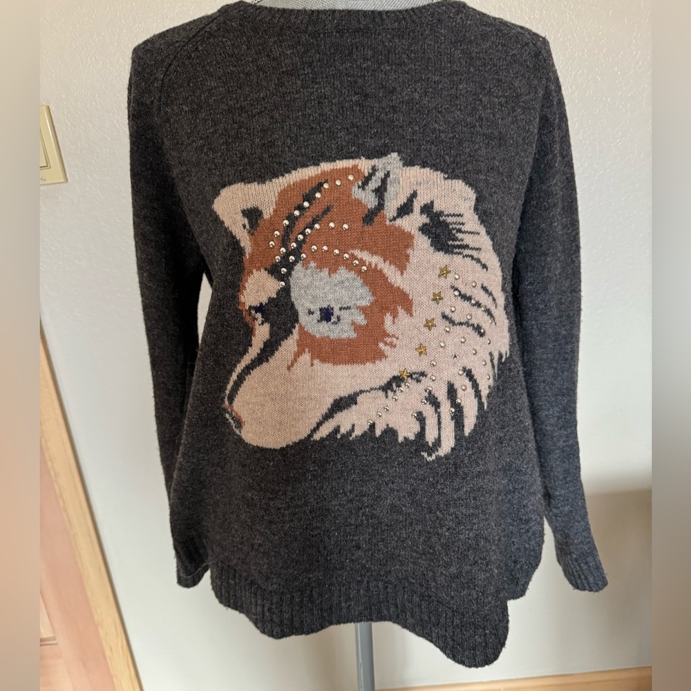 Zara Knit Wool Sweater with Wolf or Fox  Beaded detail Size Medium